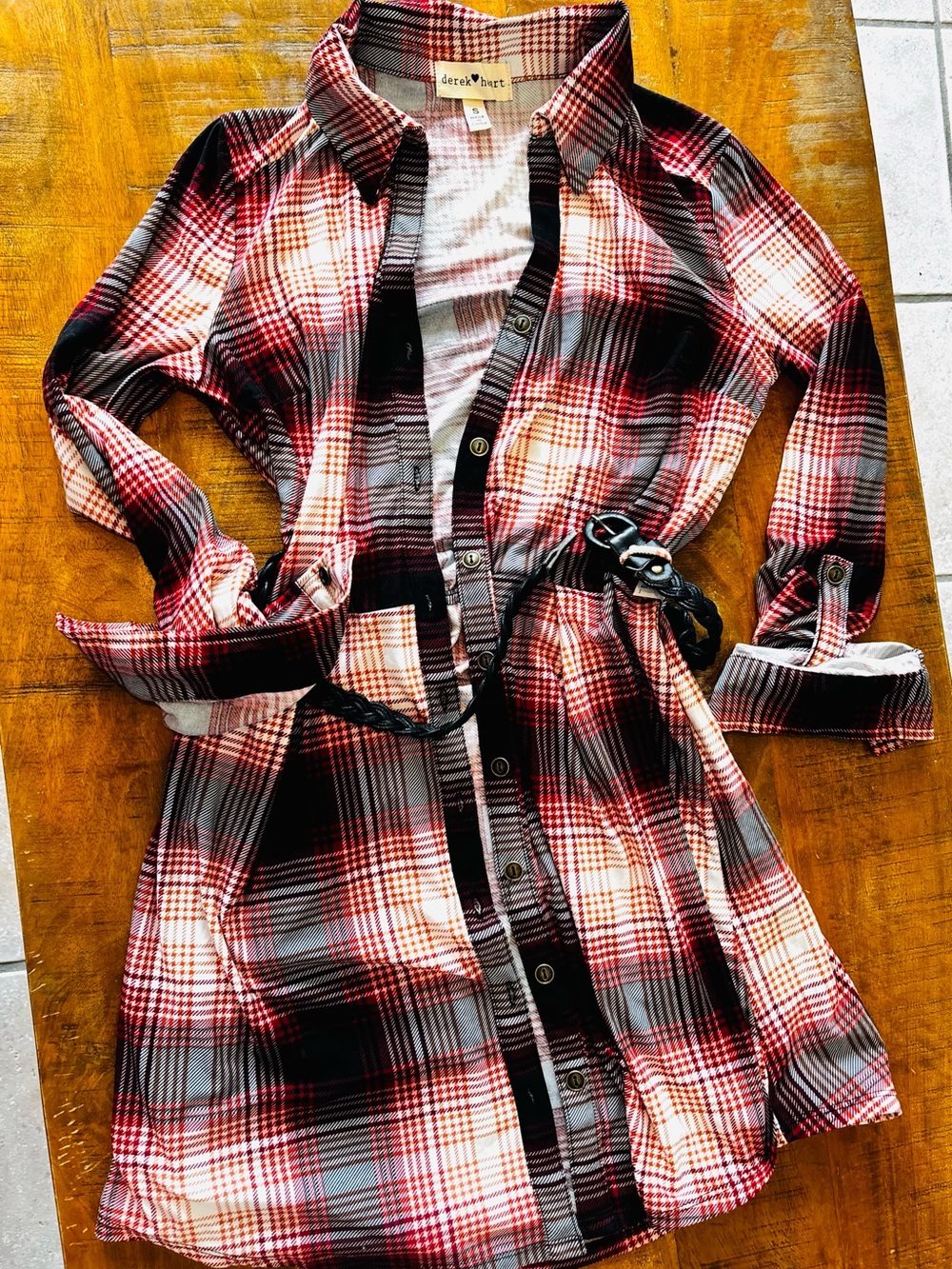 Derek Heart Long Sleeve Plaid Button-Up Shirt Dress with belt! Size Small